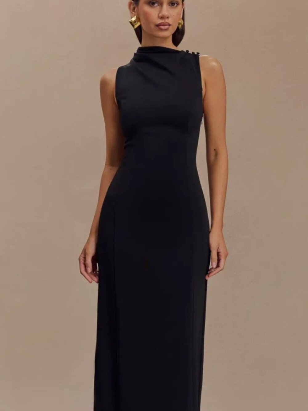 Meshki Black Sleeveless Midi Dress with High Neck